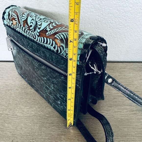 Patricia Nash Lanza Turquoise Blue Brown Floral Tooled Crossbody Purse Bag - Picture 3 of 7